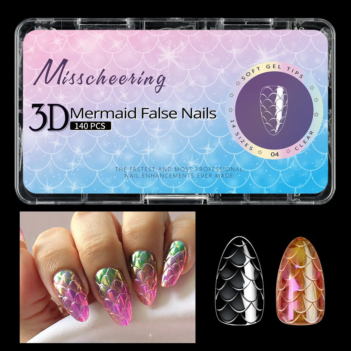 Professional 3D scale long shaping false nail tips in Frigate Box packaging for nail extensions.