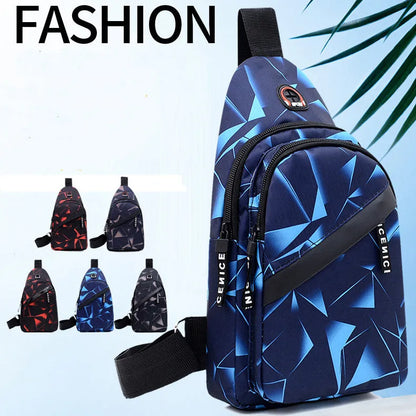 Men's sling chest bag in blue with earphone hole, crossbody strap, and zipper pockets, measuring 17cm wide.