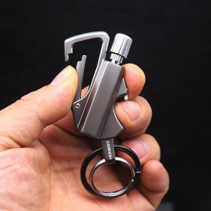 Metal keychain lighter with flint starter and bottle opener in various colors