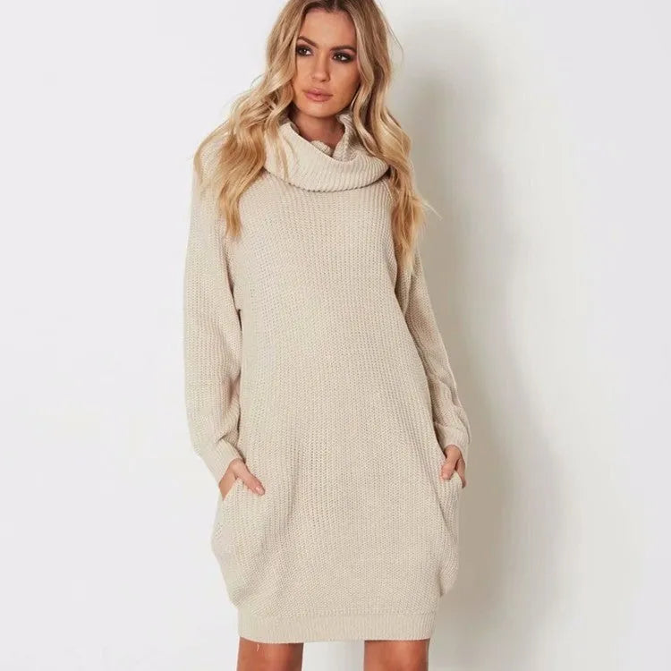 Women's apricot lapel-neck sweater with side pockets, loose slim fit.