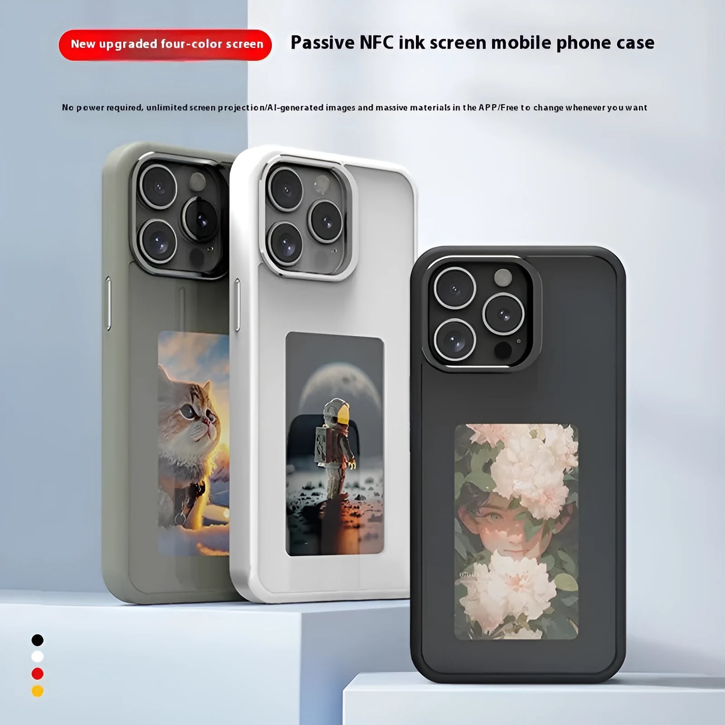 NFC projection screen bracket phone case for iPhone in graphite black, pink, or green.