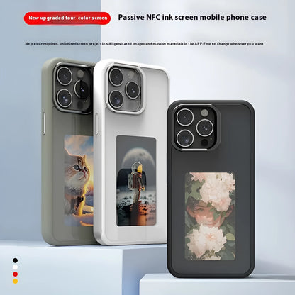 NFC projection screen bracket phone case for iPhone in graphite black, pink, or green.