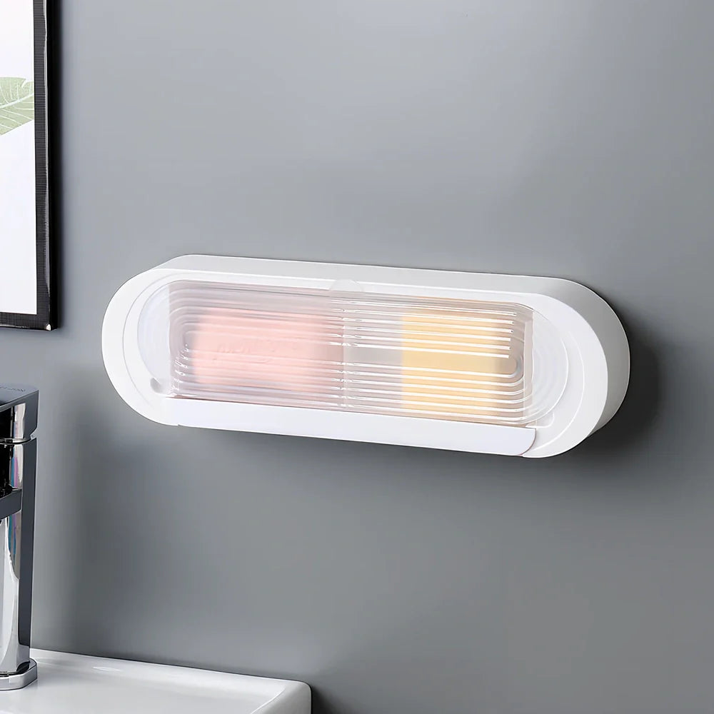 Green and white ABS plastic soap box measuring 11x5.5x33cm with drainage holes and lid