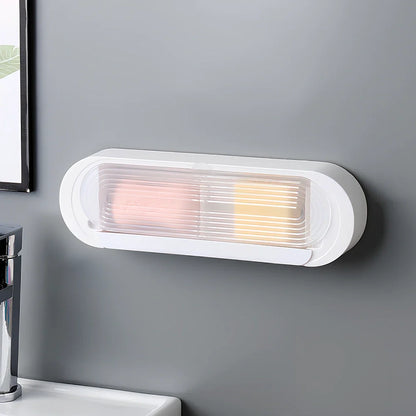 Green and white ABS plastic soap box measuring 11x5.5x33cm with drainage holes and lid