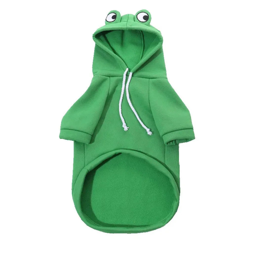 Green frog costume hoodie for a small dog, showing hood with ears and sweatshirt body.