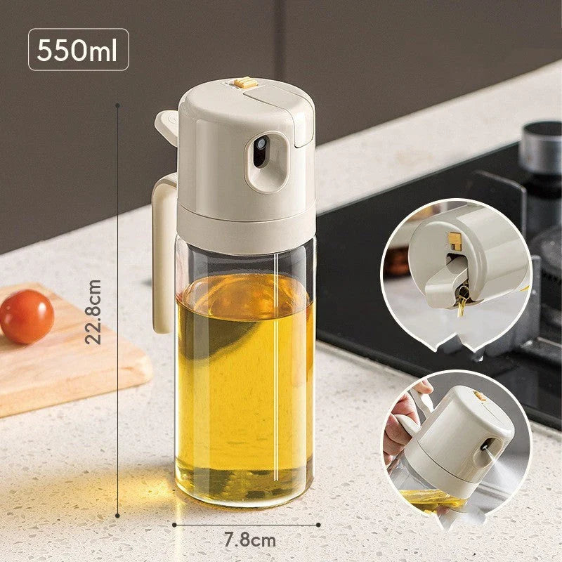 Versatile oil sprayer and pourer made of sturdy soda-lime glass, with automatic opening and closing mechanism for one-handed operation and dual spraying and pouring functions