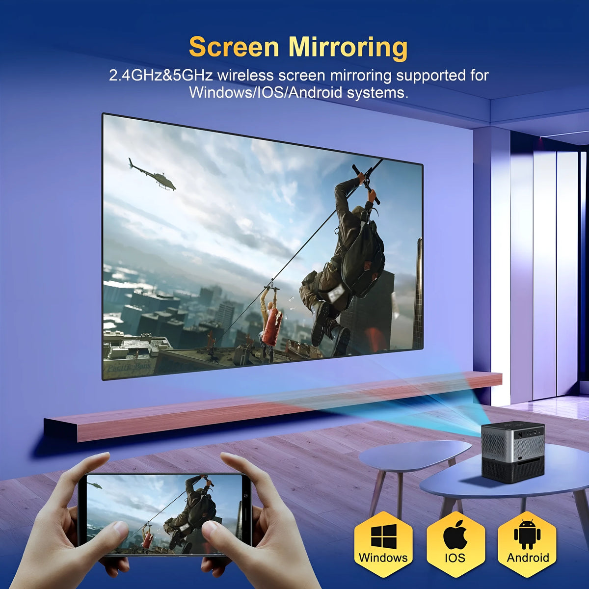 Silver mini projector with 720p resolution, 150 ANSI lumens, electric focus, and UK plug option