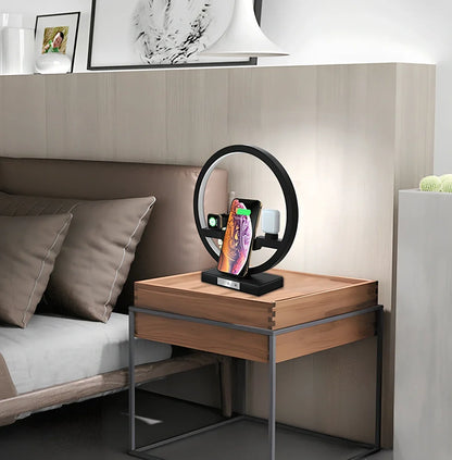 3-in-1 wireless charging station with table lamp charging phone, watch, and headset simultaneously