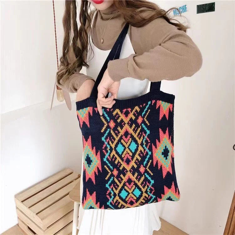 Classic Ethnic-Inspired Woven Bag in Apricot and Dark Blue Colors, Featuring a Sleek Square Shape and Open Pocket Design