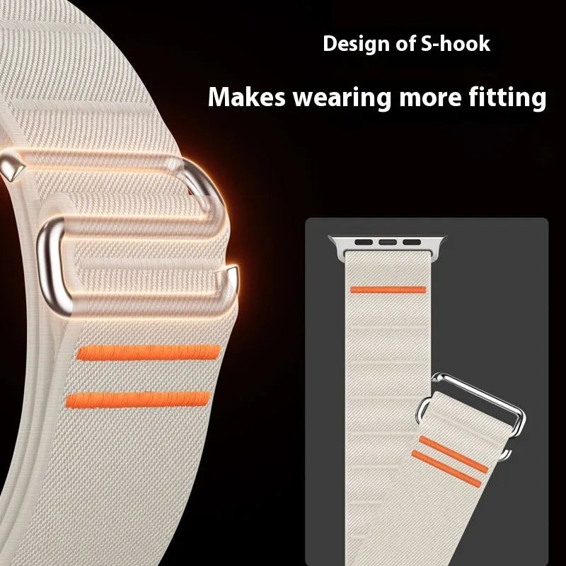 Elastic nylon Apple Watch band in Army Green with stainless steel buckle, shown on a wrist.