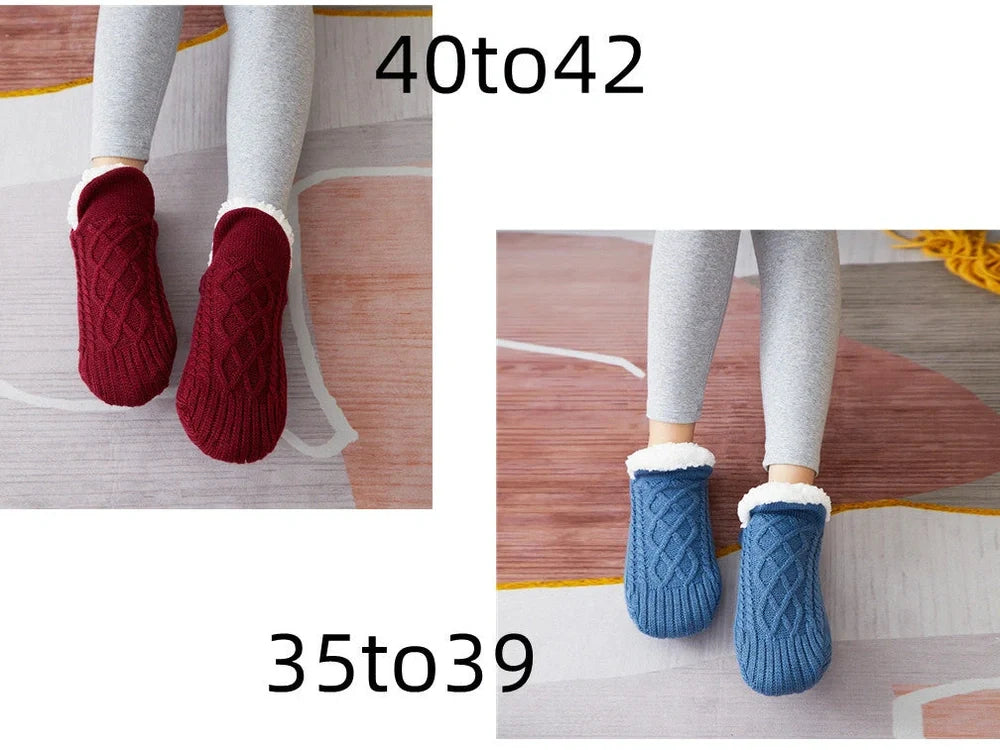 Winter woolen socks with V-opening design and anti-slip dots on soles in navy blue colour