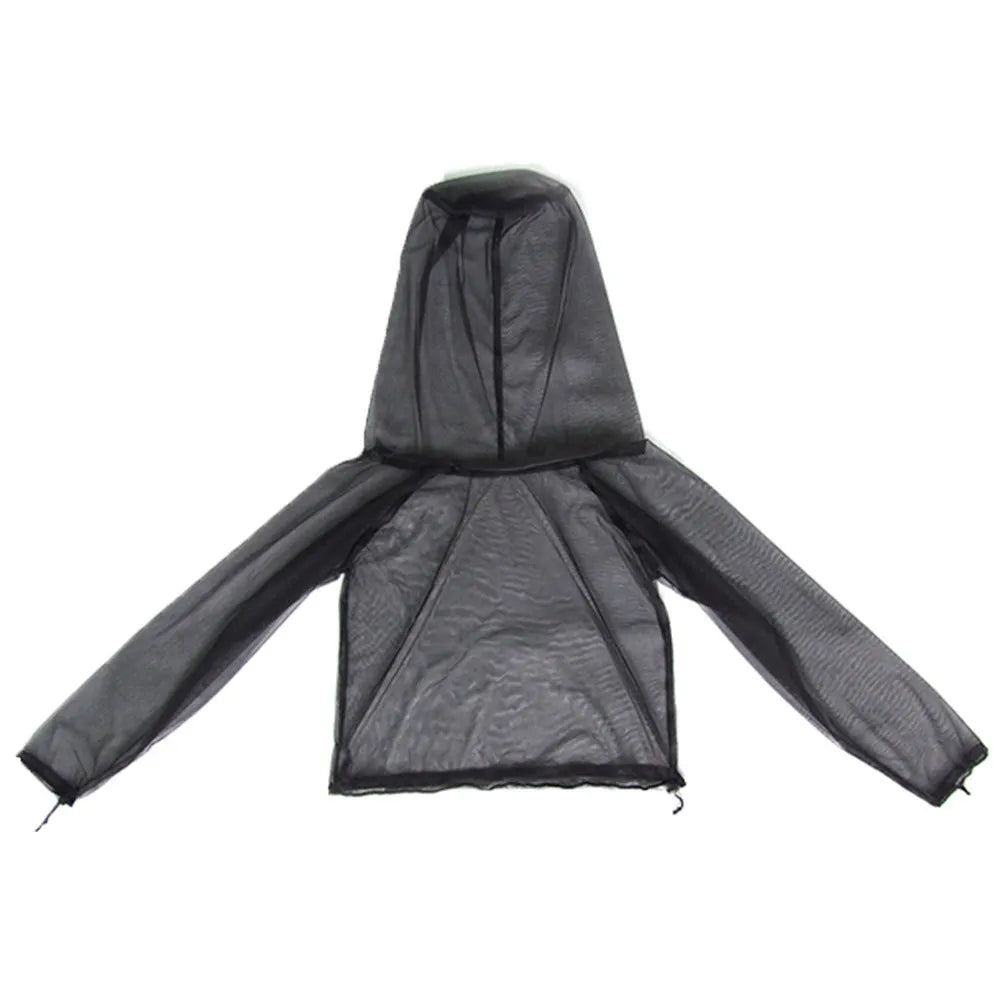 Four-piece mesh anti-mosquito suit set showing hooded top, pants and booties for outdoor activities