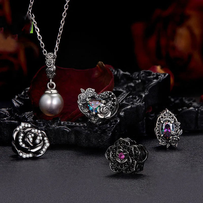 925 silver rose bead charm, 1.1cm by 1.2cm with 0.45cm aperture, dark style DIY jewellery bead