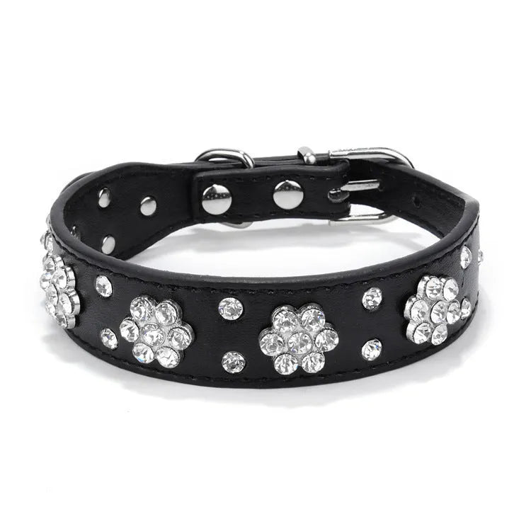 PU leather dog collar with rhinestone flower pattern and metal studs, adjustable for small and medium dogs