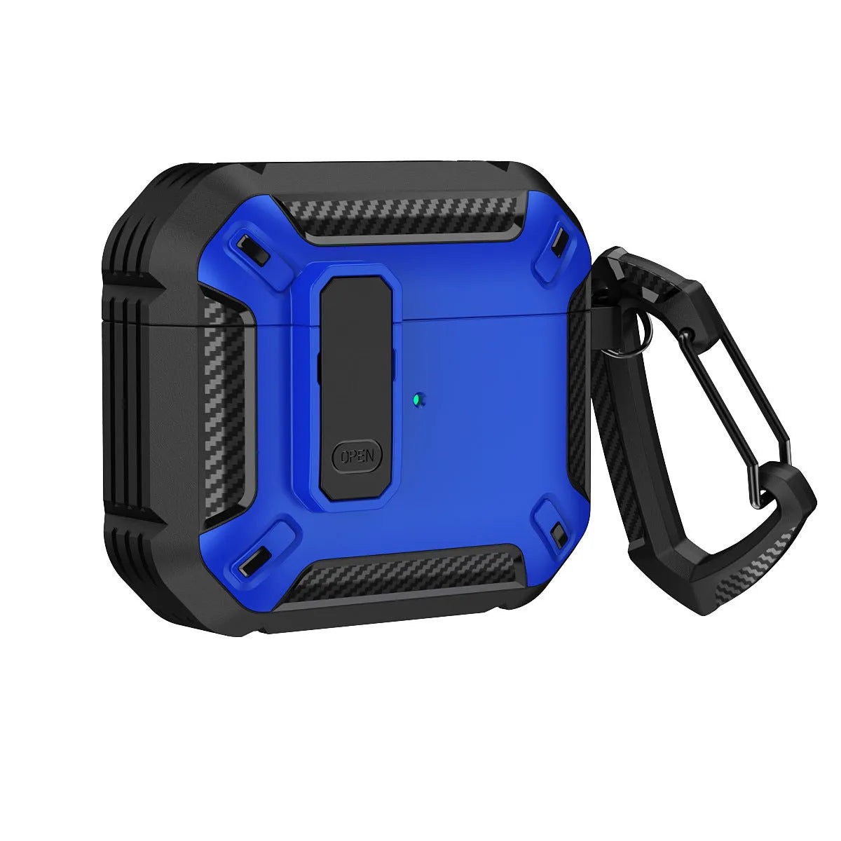 Hard black and yellow plastic clamshell case for AirPods with a silver metal carabiner hook attached.