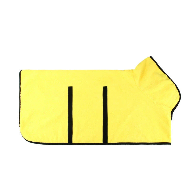 Absorbent dog bathrobe made of soft microfiber material with adjustable waist strap for a custom fit