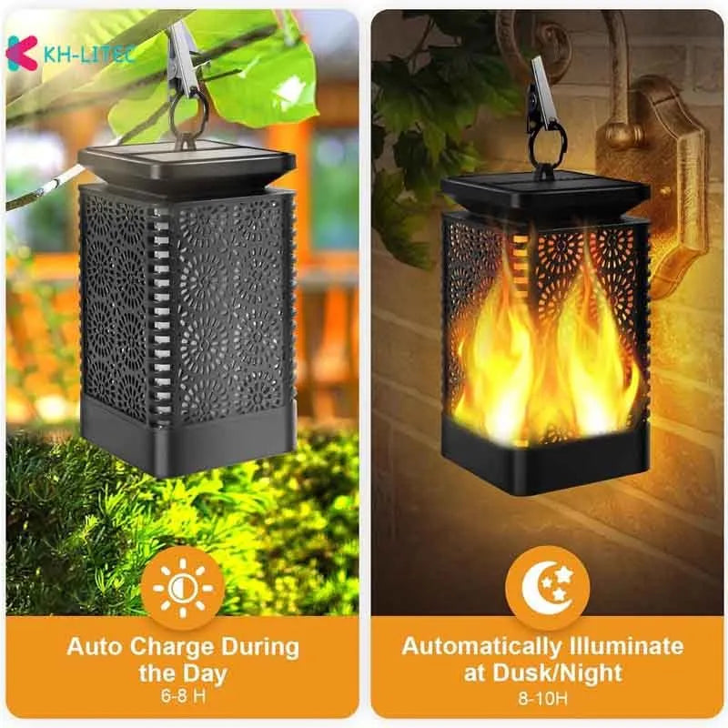 Black solar hanging flame torch light with flickering LED for garden decoration