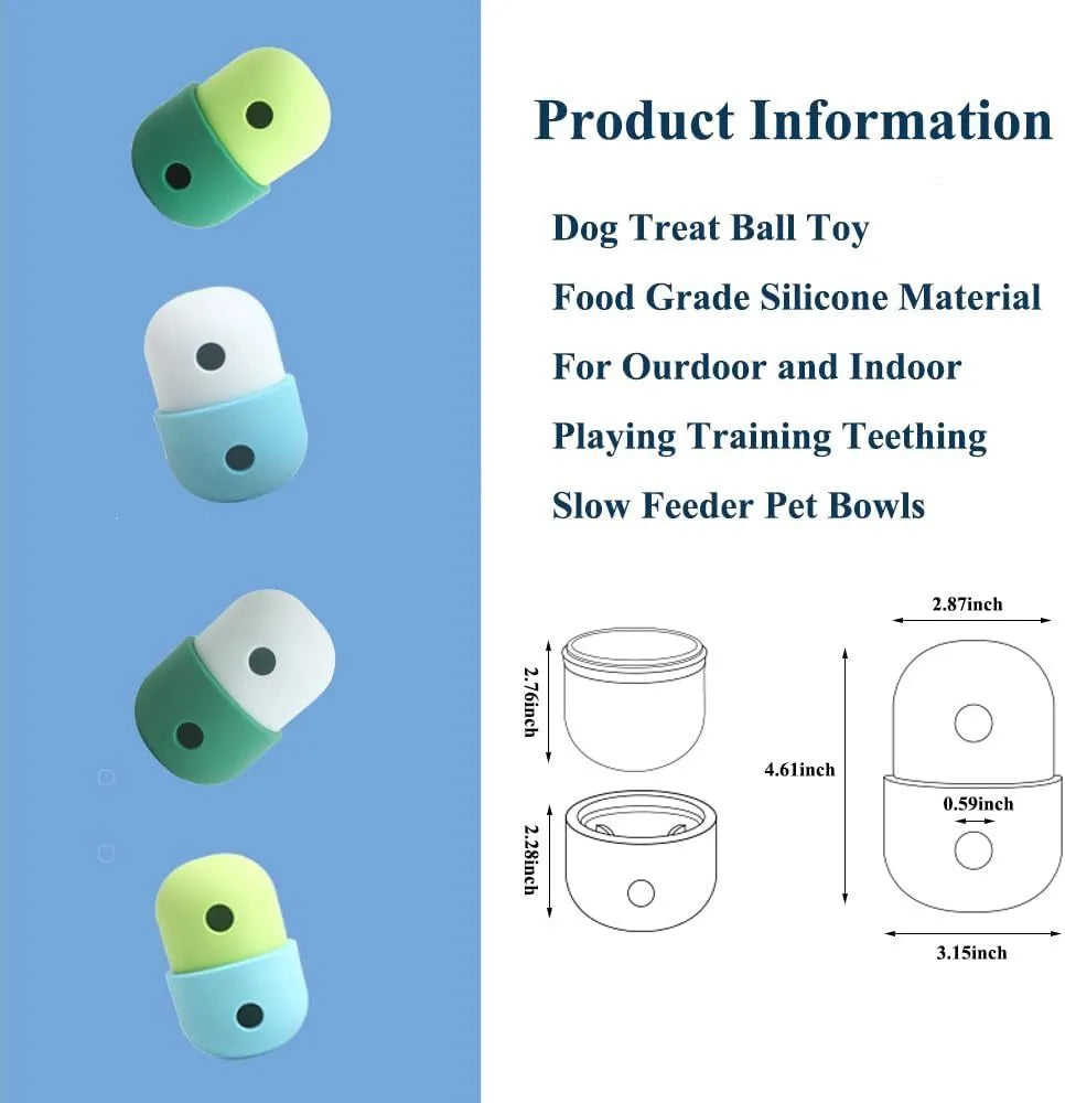 White and blue treat-dispensing puzzle toy for dogs with detachable design and rolling action
