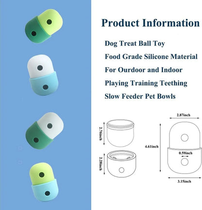 White and blue treat-dispensing puzzle toy for dogs with detachable design and rolling action