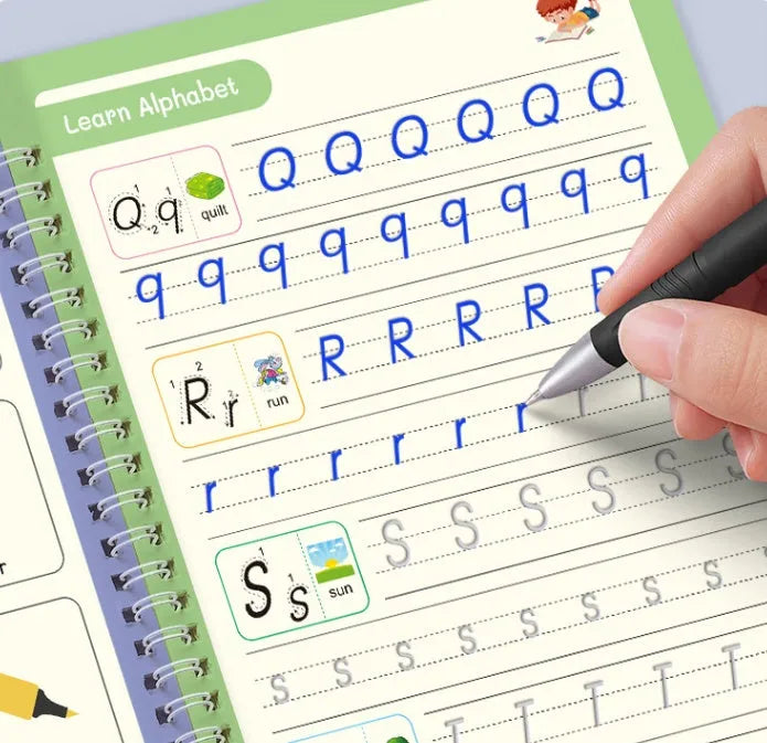 Children's English groove magic calligraphy practice set with pen, ten refills, and double-sided training surface
