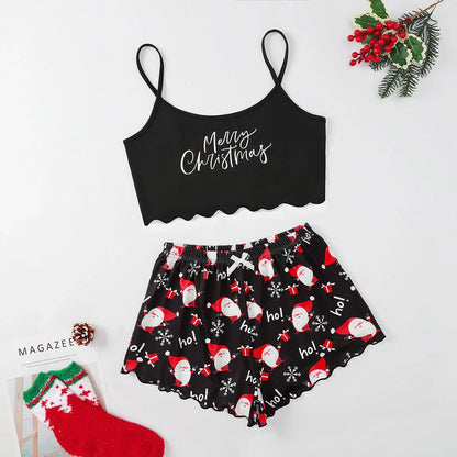 Christmas Women's Milk Silk Pajamas Set with Sleeveless Shorts in festive designs