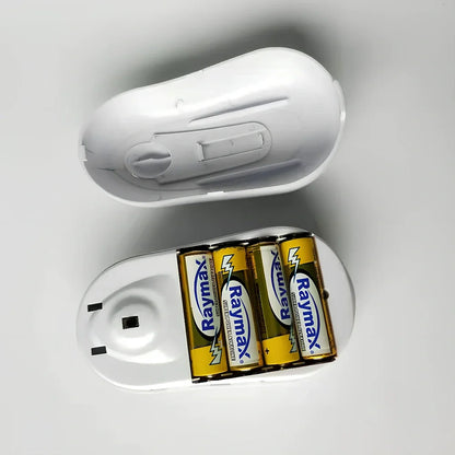 Red electric can opener with plastic construction measuring 14cm long with automatic operation