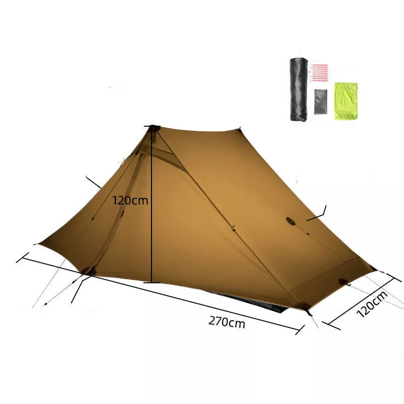 Ultra-light 20D double-sided silicon coated poleless hiking tent in grey, green, or khaki