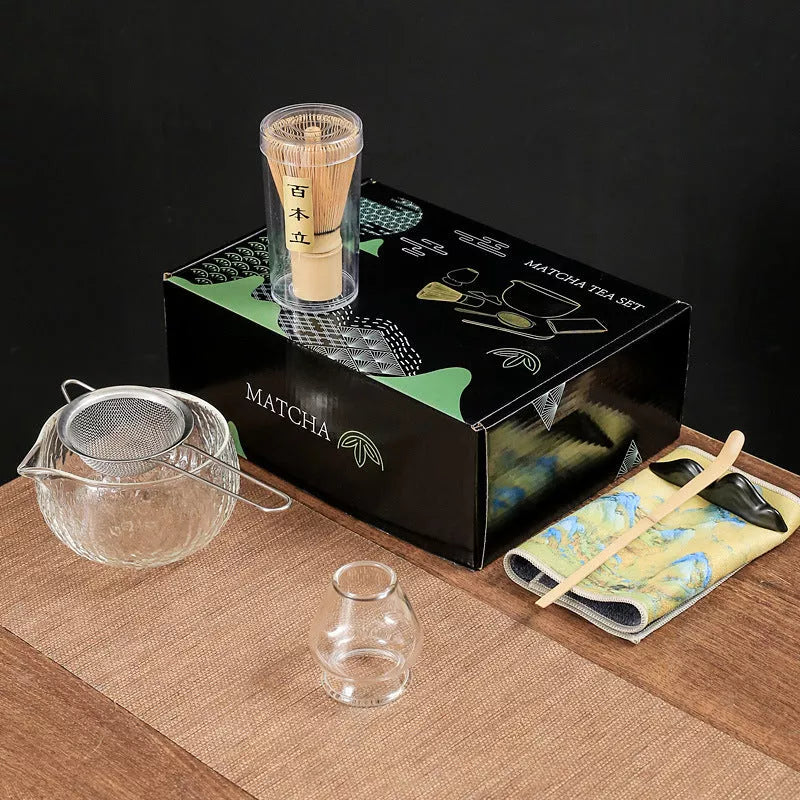 Japanese Matcha Tea Set with ceramic bowl and brush in clear glaze