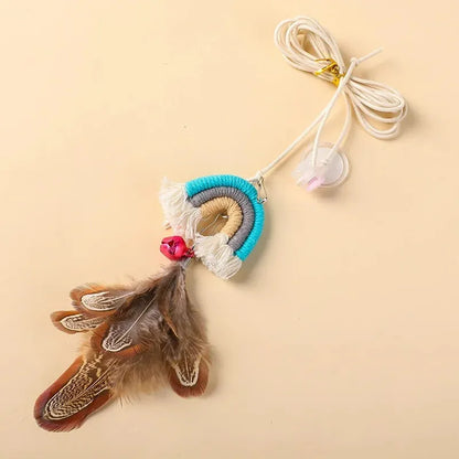 Feather cat rope hanging door toy with elastic swing and sticky buckle clamp in blue, green, or pink colours