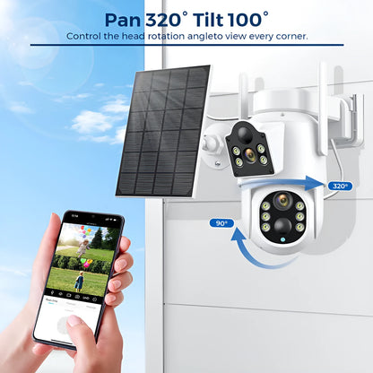 Outdoor solar WiFi security camera with solar panel, showing 4MP HD resolution and 20m monitoring range
