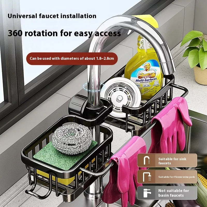 Aluminum sink faucet storage rack with rotatable design and towel hook