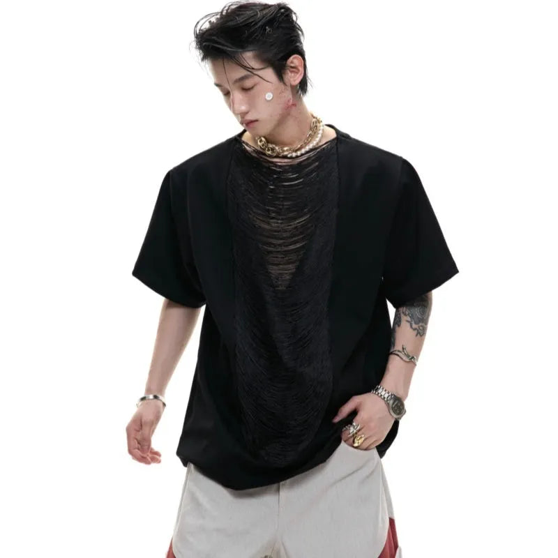 Men's loose fit black t-shirt with a hollow-out V-neck collar and tassel detail on short sleeves.