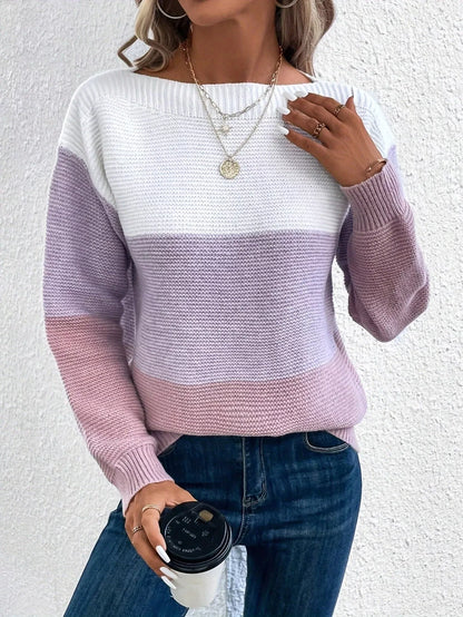 Women's round neck pullover sweater with unique splicing design in various colors