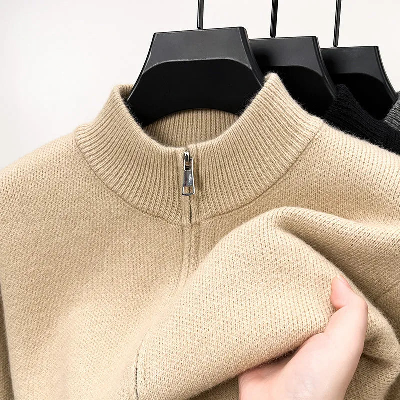 Men's black stand collar knitted cardigan with zipper front in loose fit thickened construction