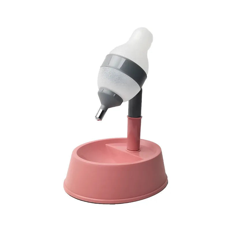 Adjustable height all-in-one pet waterer and feeder for cats and dogs, shown in grey or pink