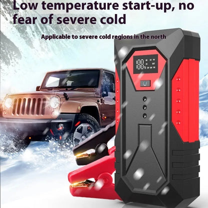 Red 12V emergency start power source with 18800 capacity, battery clamp, and data cable for car jump starting