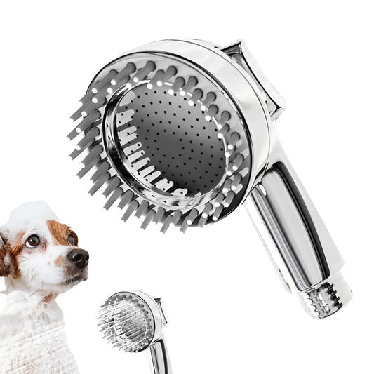 Silver dog shower attachment with silicone comb teeth and ergonomic grip for pet bathing.