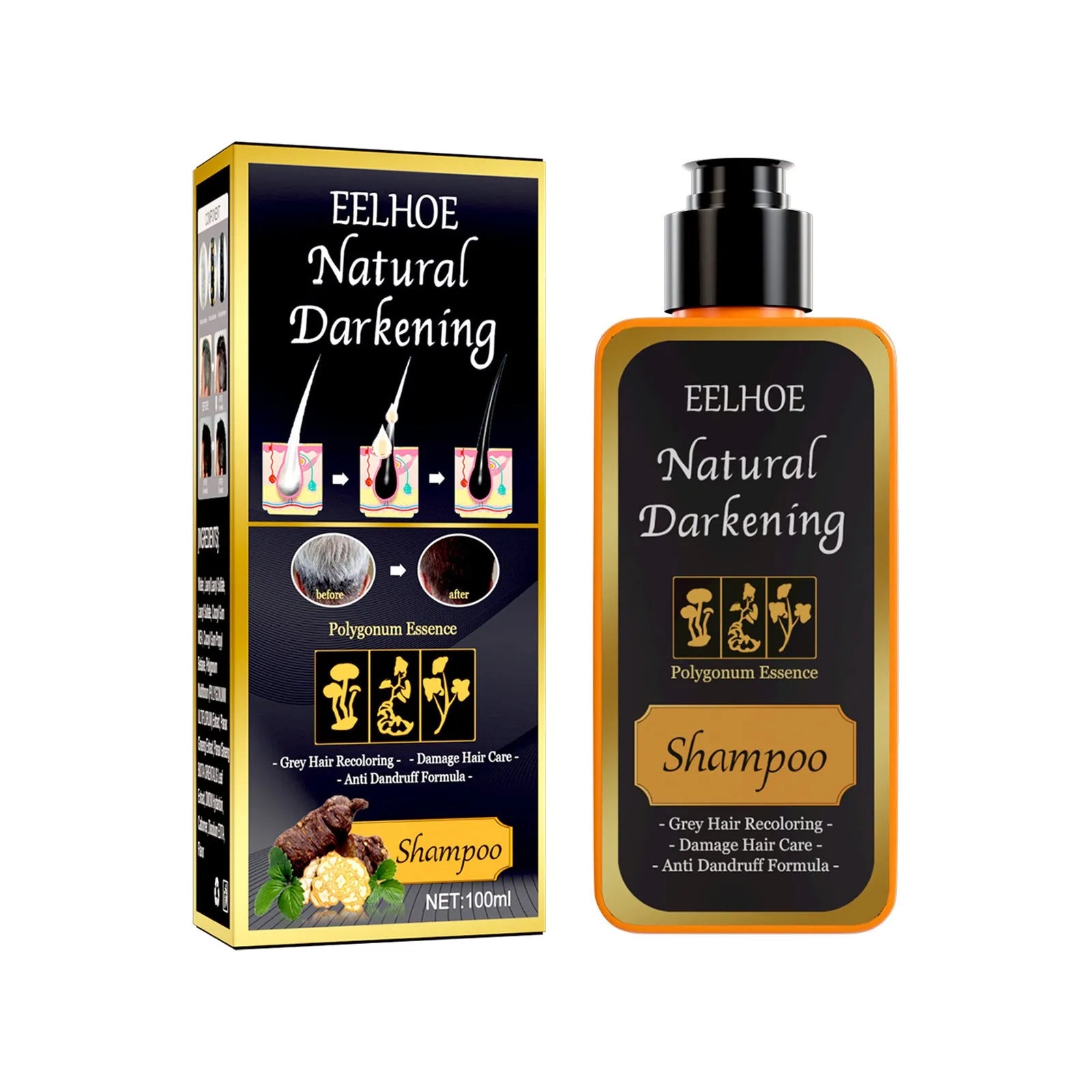 100ml boxed bottle of Polygonum Multiflorum Shampoo for white to black hair transformation.