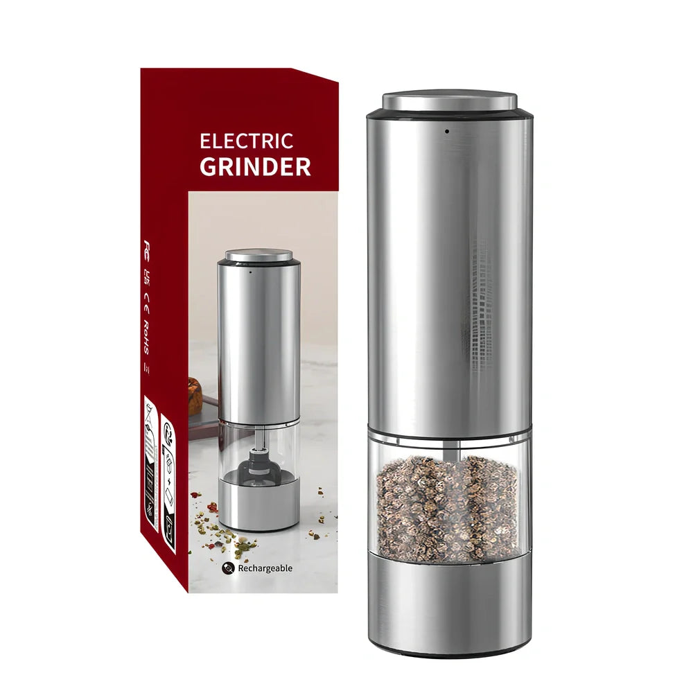 Stainless steel electric pepper grinder with button operation and Type-C charging port