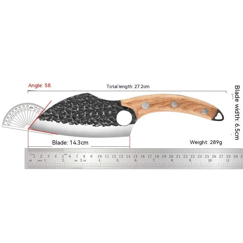 Rugged high-carbon steel outdoor folding knife with antique-inspired hammer pattern design and protective leather sheath