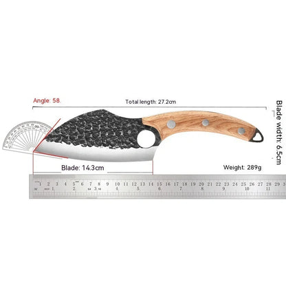 Rugged high-carbon steel outdoor folding knife with antique-inspired hammer pattern design and protective leather sheath