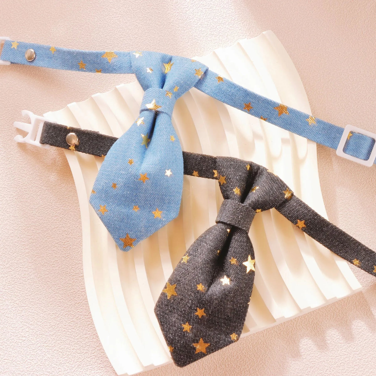 Designer dog collar with long tie and golden star, adjustable S 14-20cm or M 19-32cm, black or blue