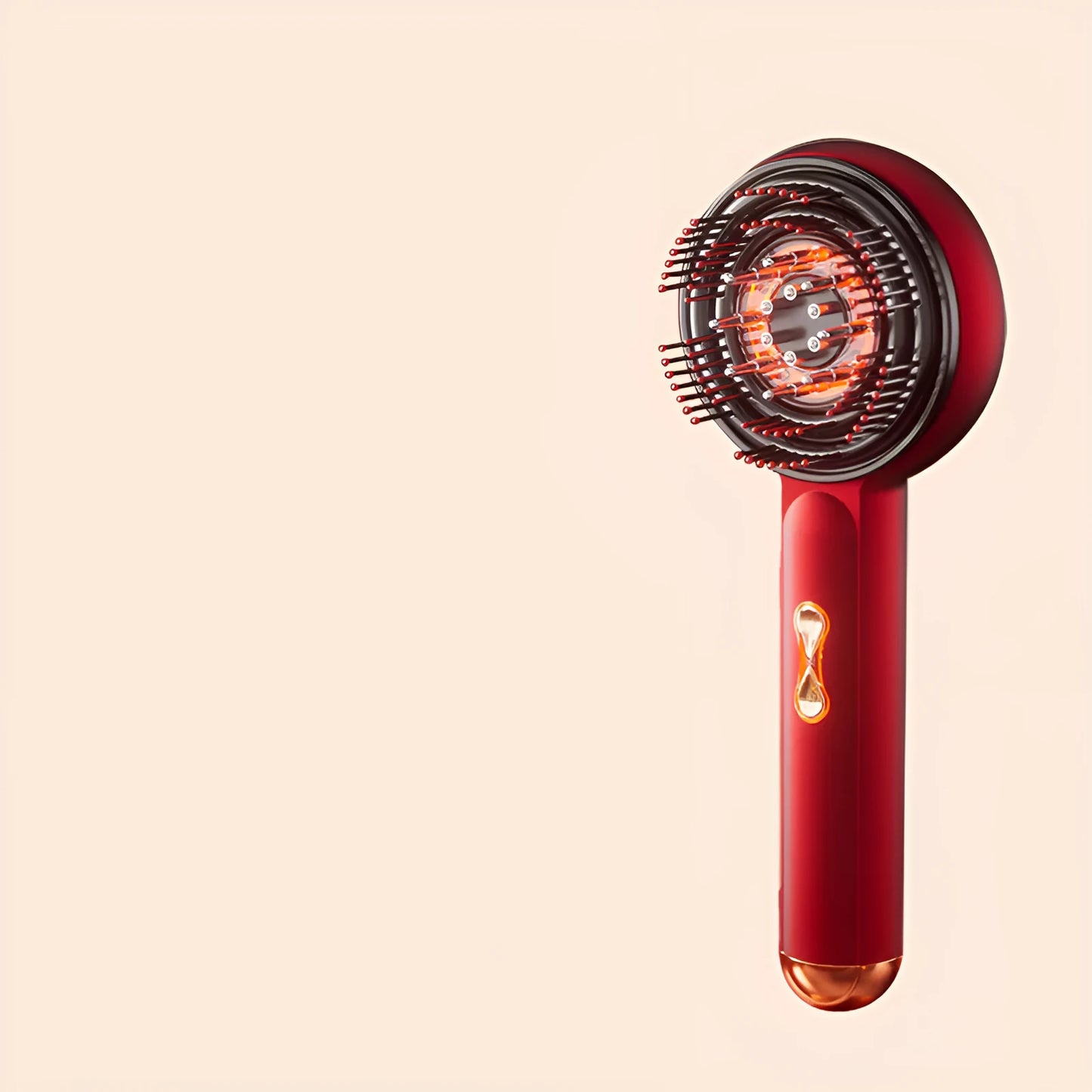 Black handheld red and blue light therapy massage hair comb on a white background.