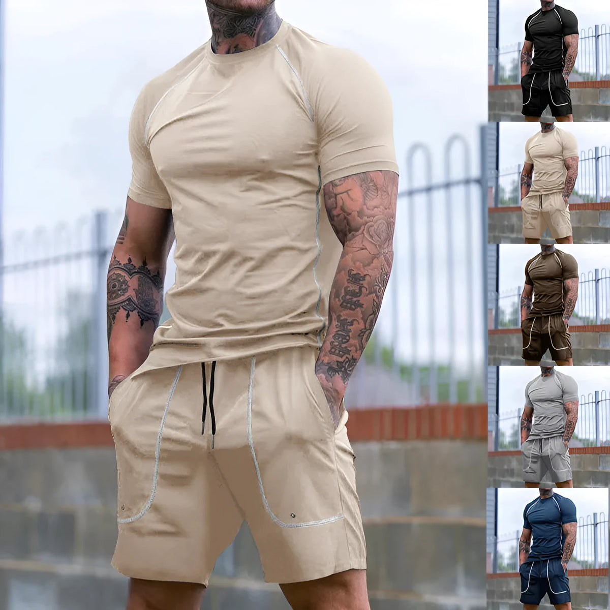 Men's running fitness suit with short sleeve T-shirt and shorts in black polyester, sizes S to XXXL