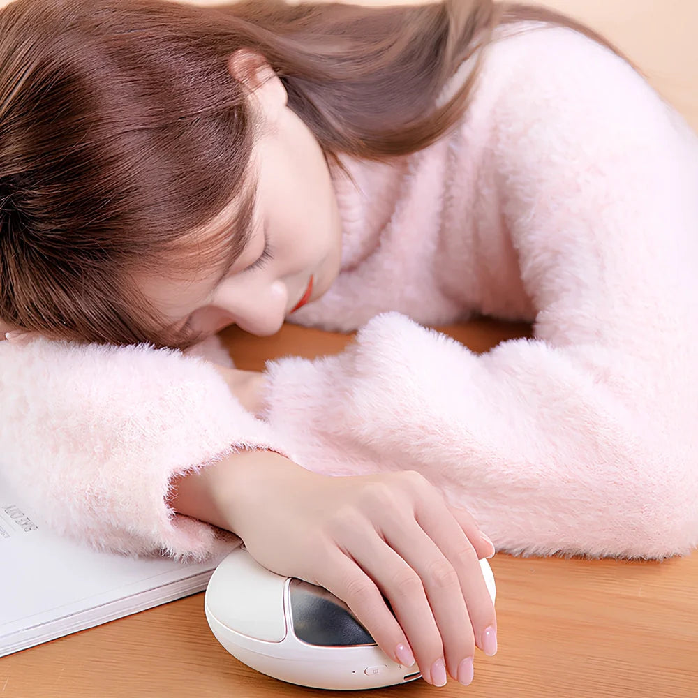 White electric hand massager device with pulse modes and heat for palm relief, 140x141x57mm size