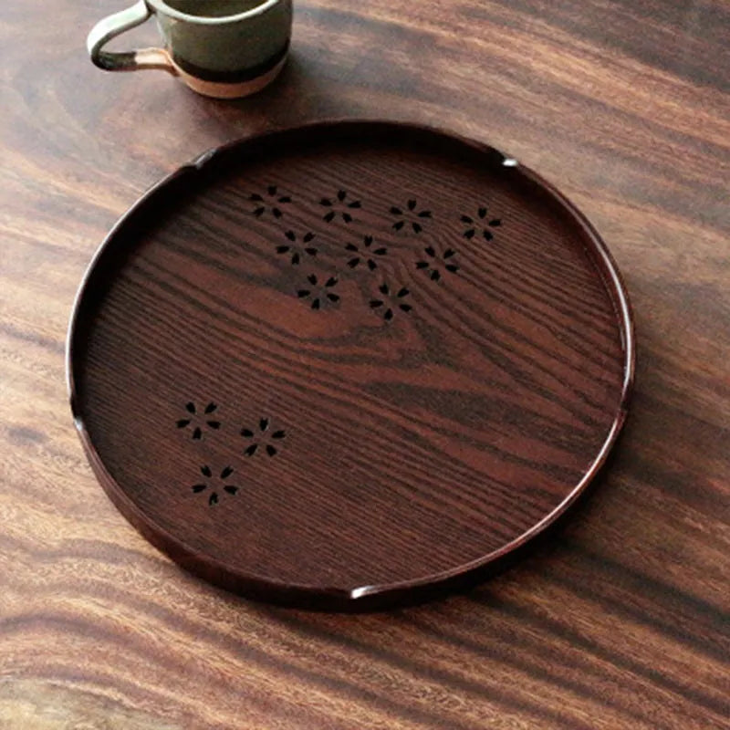 Wooden Japanese dessert plate with hollow cherry blossom pattern, 30cm diameter