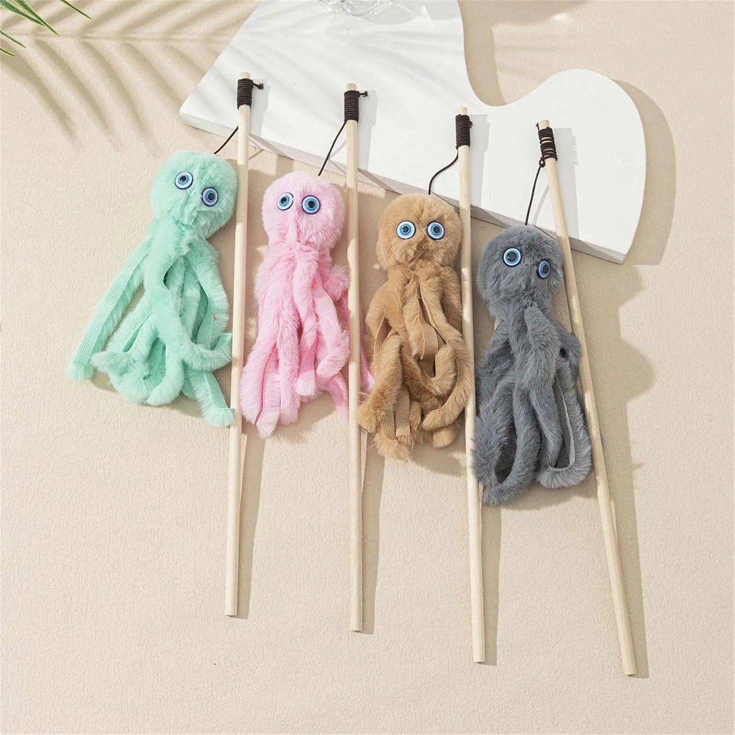 Long stick cat toy with furry octopus attachment and eyes in assorted colours