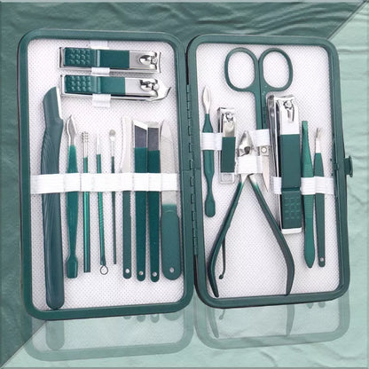 Professional stainless steel manicure set with emerald green case