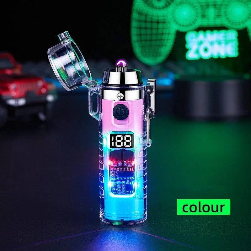 Transparent shell dual arc USB charging lighter with waterproof LED light in various colors