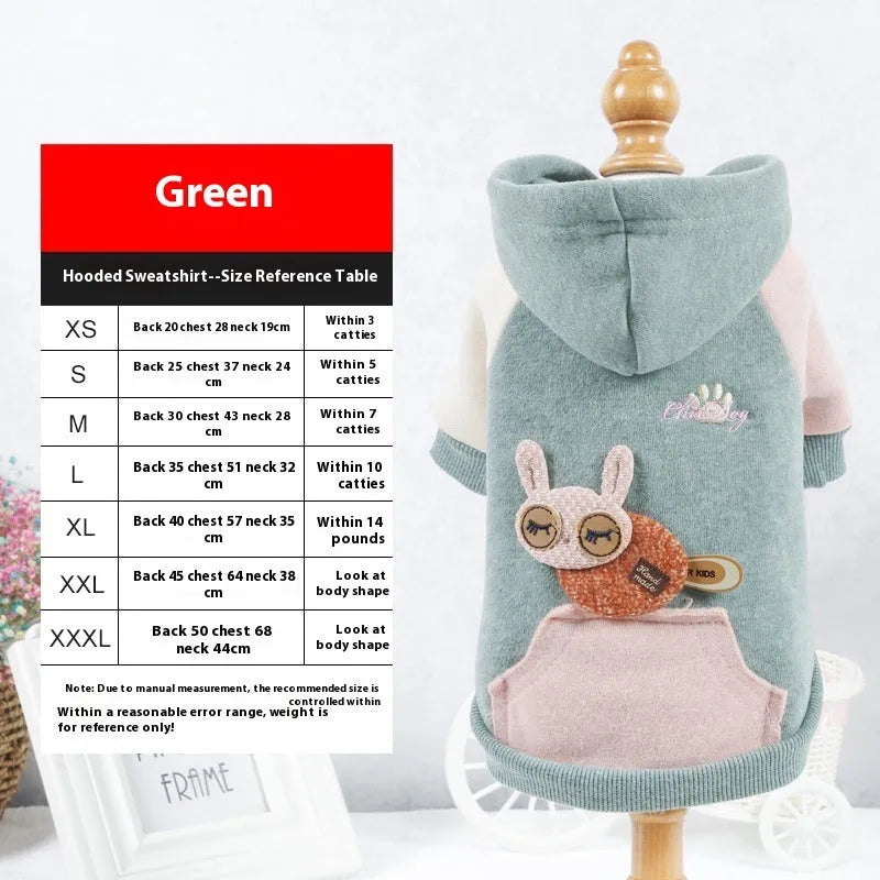 Cotton pet sweatshirt clothing for dogs and cats in brown, green, or pink colours